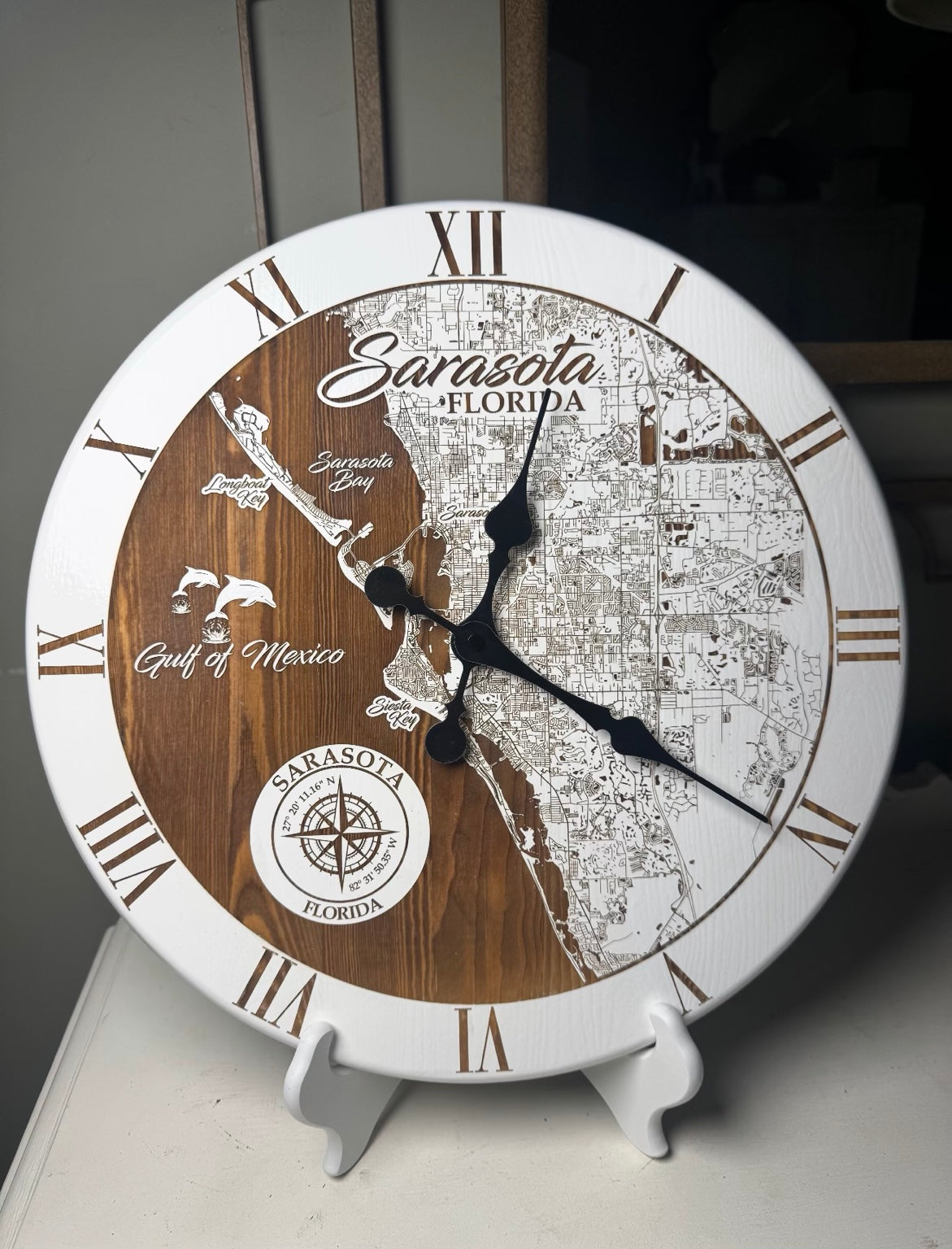 Sarasota Florida Roman numeral wall time clock with engraved map of Sarasota Bay, Siesta Key, Longboat Key and Gulf of Mexico