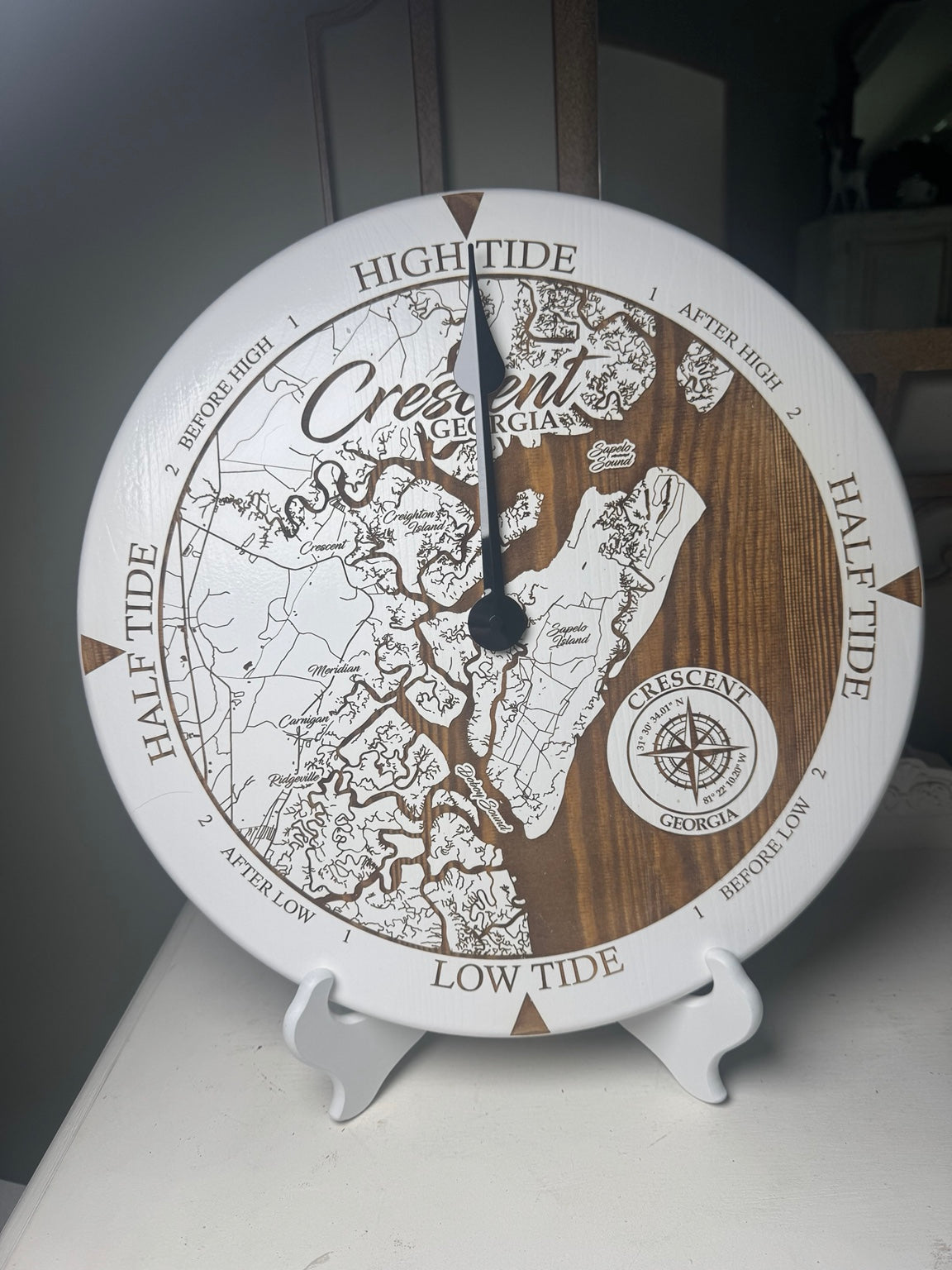 Crescent Beach Georgia tide clock with detailed engraved Crescent, Creighton Island, Sapelo Island and Sapelo Sound coastal map