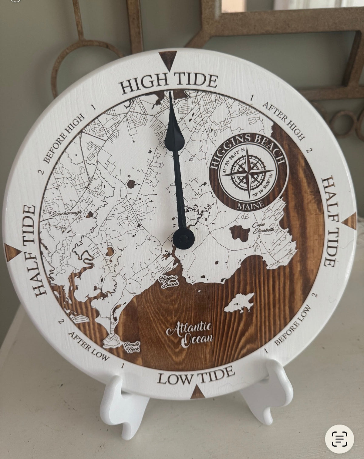 Higgins Beach Maine tide clock engraved map with Scarborough, Cape Elizabeth, Prouts Neck and Atlantic Ocean