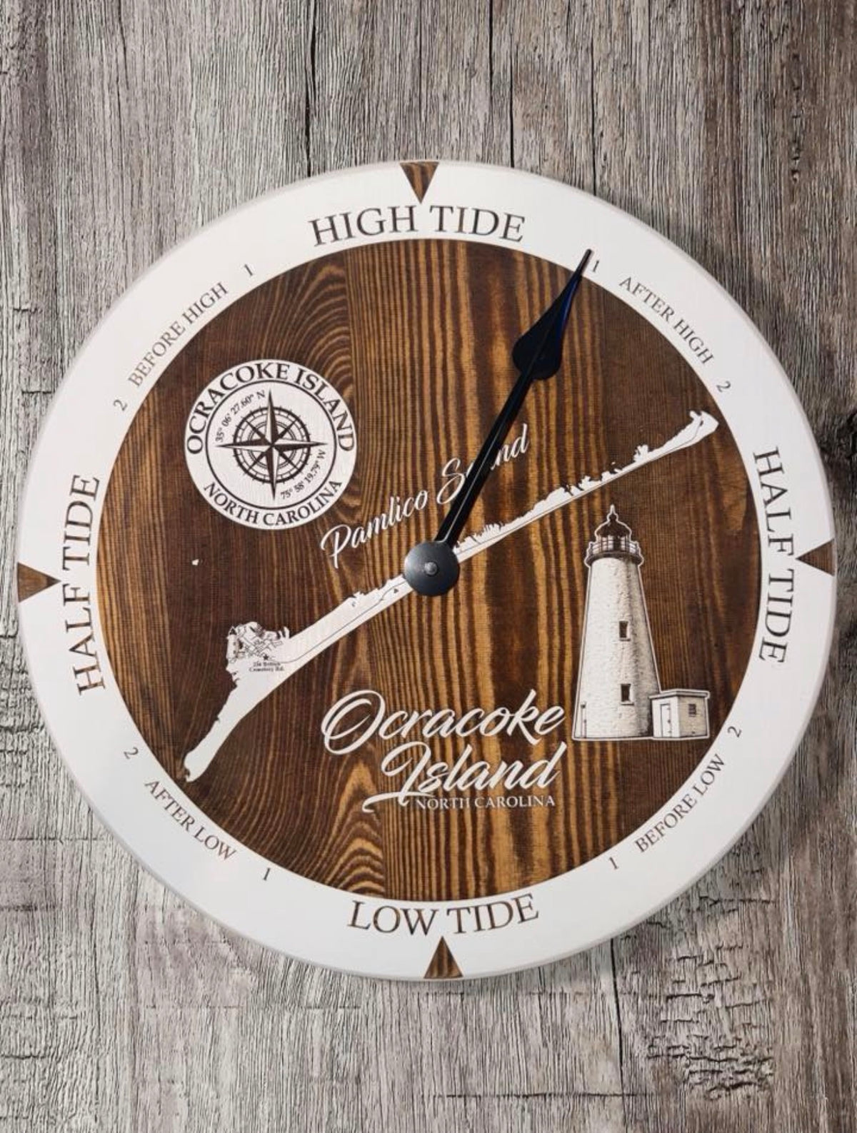 Ocracoke Island NC tide clock with Pamlico Sound map and Ocracoke Lighthouse