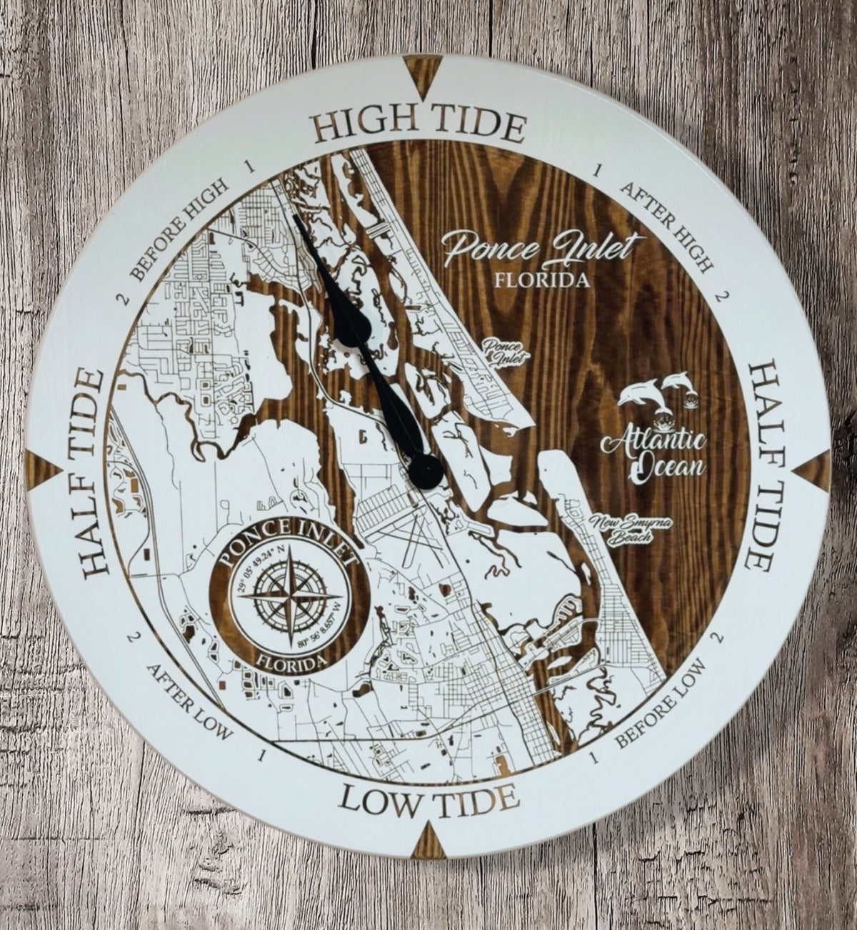 Ponce Inlet Florida tide clock with detailed coastal map design